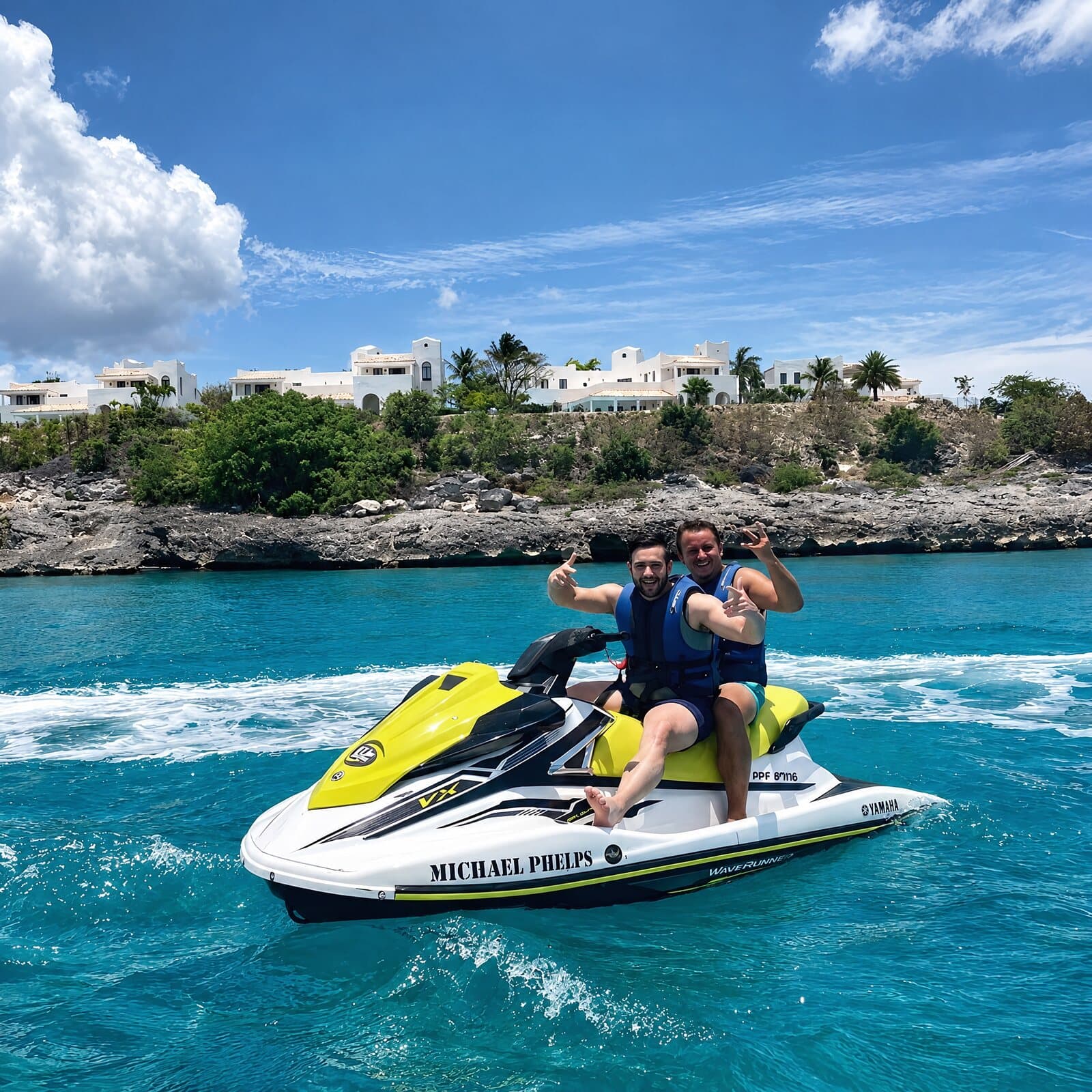 Two smiling men on a jet ski in front of La Samanna hotel and the Terres Basses villas