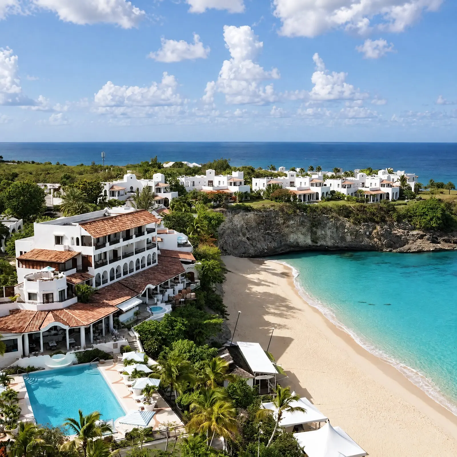 El hotel La Samanna, su playa y el agua turquesa de la bahía, vistos desde el aire