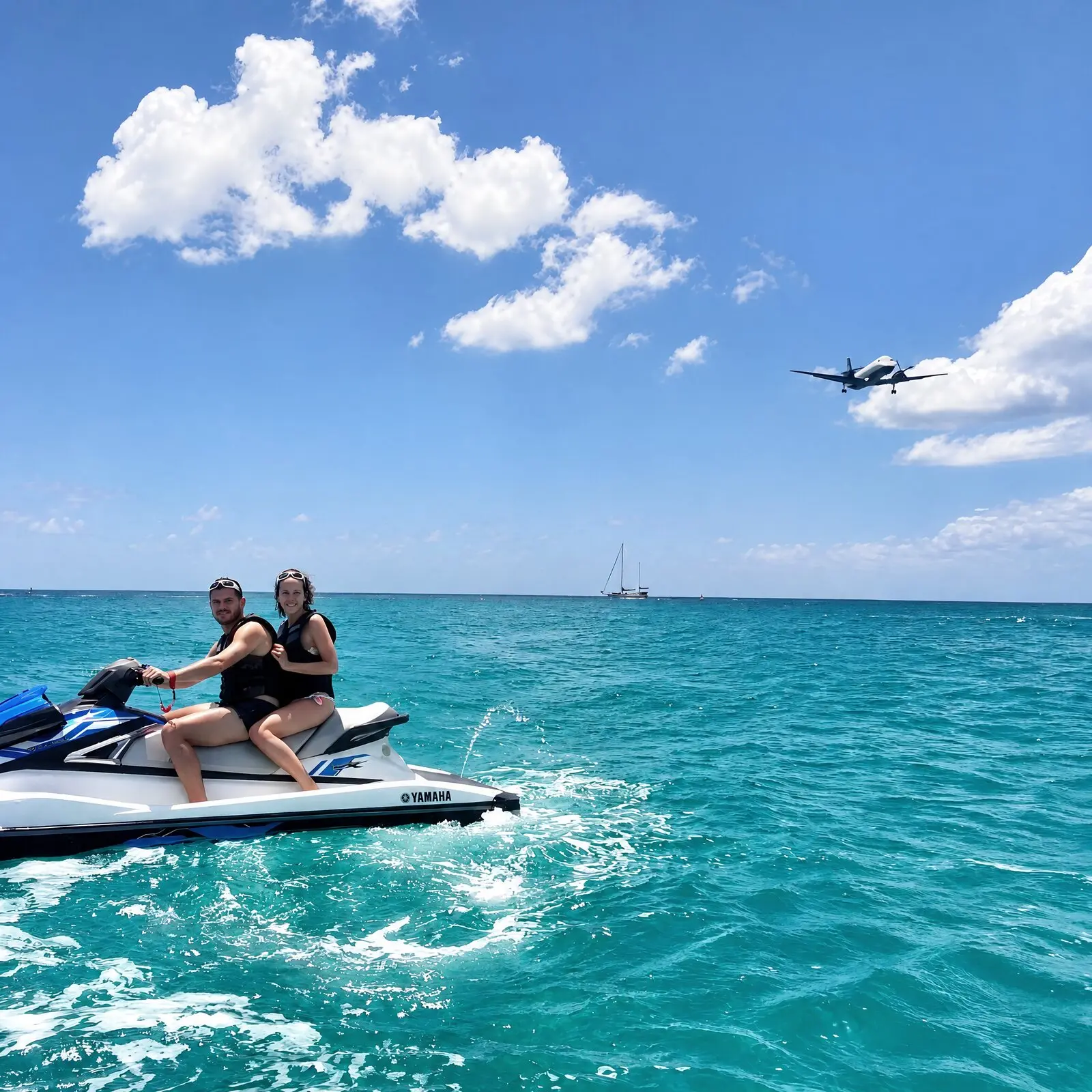 Dos personas en un jet ski sobre el agua turquesa de Maho, mientras un avión se acerca para aterrizar