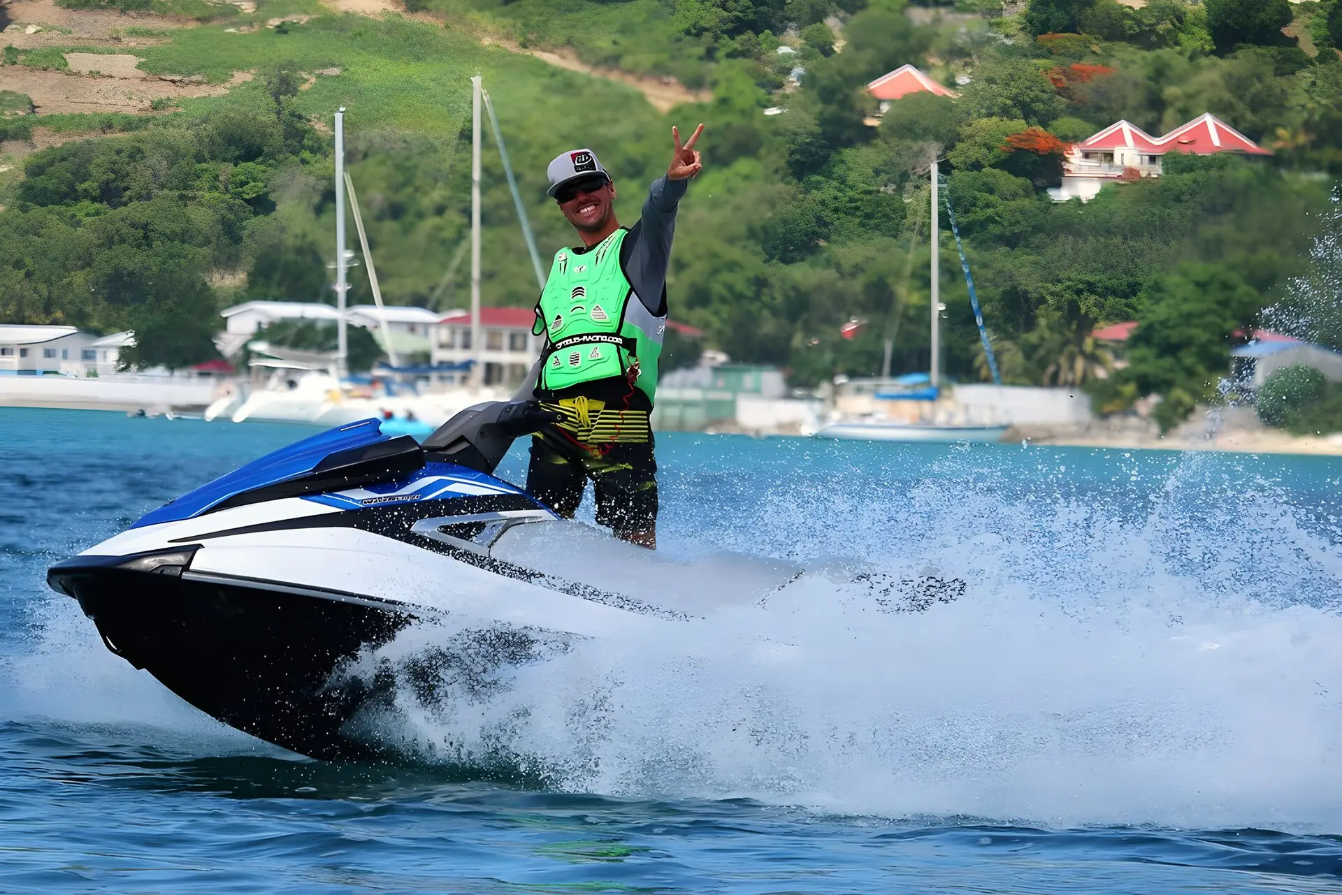 Un piloto de Jet Paradise de pie sobre su jet ski en plena marcha, entre salpicaduras de espuma